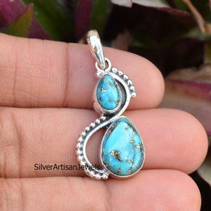 Natürlicher Kupfer Türkis Anhänger, Sterling Silber Schmuck, halb kostbare Halskette, Blauer Türkis Anhänger, Boho Silber Schmuck, Für Männer-Frauen