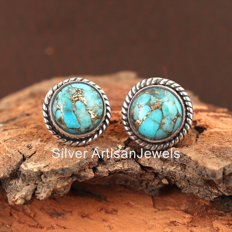 Turquoise Stud Earrings, 925 Sterling Silver Earrings, Blue Turquoise 8x8mm Round Studs, Turquoise Earrings, Studs, Gift For Her,Handmade image 1