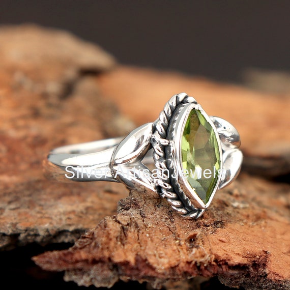 Bague Marquise En Argent Avec Péridot Et Topaze Blanche - Taille 57-58 - Neuf Sans Boîte