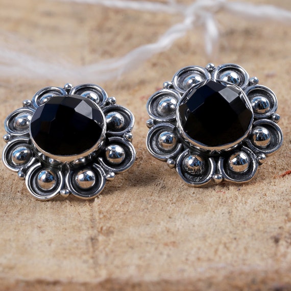 925 Sterling Earring 8mm Circle Onyx Studs natural Onyx Earrings