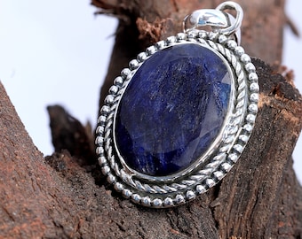Blue Sapphire Pendant, 925 Silver pendant , Sapphire Necklace, Blue gemstone Pendant, Oval Pendant, Handmade, Gift Ideas, handmade pendant