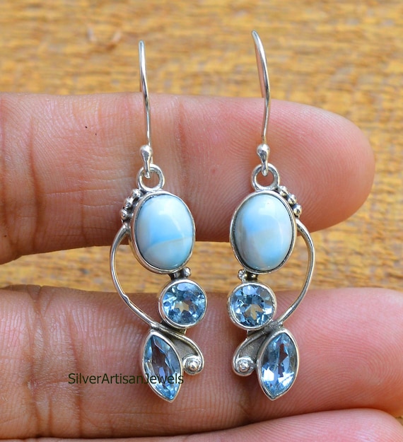 Boucles D'oreilles Pendantes En Argent Avec Topaze Mystique Et Opale De Feu Bleu - Neuf Sans Emballage