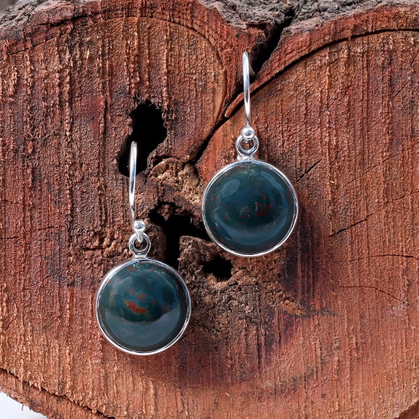 Bloodstone March Birthstone Jewelry, Natural Bloodstone Round Earrings,925 Solid Silver Earring, Dangle Gemstone Earring, Women Gift Jewelry