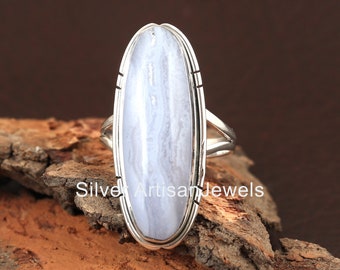 Natural Blue Lace Agate Ring, 925 Sterling Silver Ring, Healing Crystal Ring, Large Gemstone Ring, Gift for her, Pale Blue Gemstone Ring