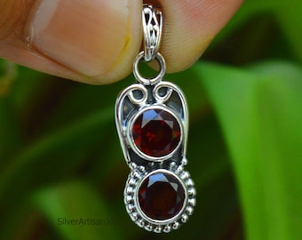 Handmade 7mm Garnet Pendant: 925 Sterling Silver Gemstone Necklace
