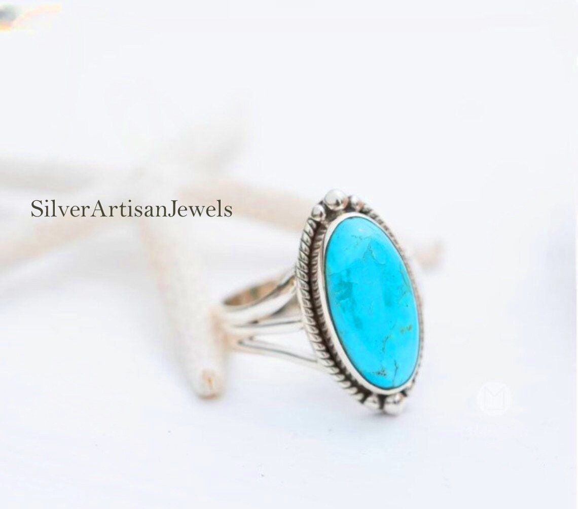 Oval Blue Turquoise Ring: Sterling Silver Boho Statement Jewelry - Etsy