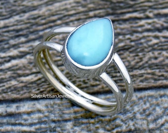 Anneau de Larimar naturel, anneau de 925 Sterling, anneau de forme de poire, anneau bleu, anneau de pierre gemme, anneau fait main, anneau de femmes, anneau de promesse