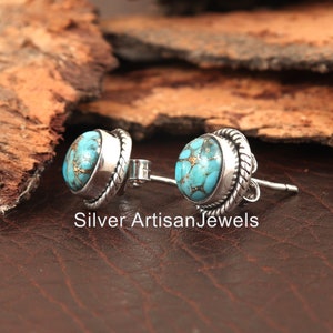 Turquoise Stud Earrings, 925 Sterling Silver Earrings, Blue Turquoise 8x8mm Round Studs, Turquoise Earrings, Studs, Gift For Her,Handmade image 3