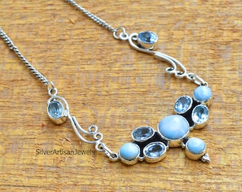 Natural Larimar Necklace, 925 Sterling Silver Necklace, Blue Topaz Necklace ,Gemstone Necklace Jewelry ,Gift For Her, Mis Stone Necklace