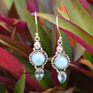 Natural Larimar Earrings,Round Larimar Earring, 925 Silver Earrings,Topaz Earring,Women's Earrings,semi precious Jewelry, Boho Hippi Earring