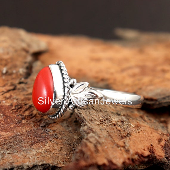 Red Coral Ring 925 Sterling Silver Round Shape Gemstone Silver Ring Size US  8 | eBay