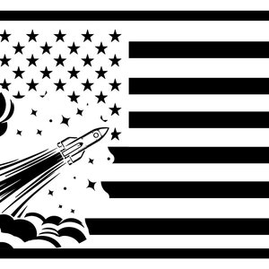 May include: Black and white illustration of a rocket launching into space with a cloud of smoke behind it. The rocket is flying over a stylized American flag with stars and stripes.