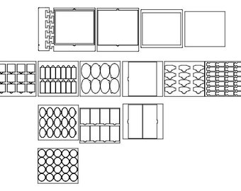 May include: A black and white line drawing of a jewelry box with multiple compartments. The box has a hinged lid and is divided into sections for storing rings, earrings, necklaces, and other jewelry.