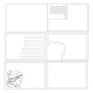 Könnte beinhalten: Eine Schwarzweiß-Comic-Illustration mit sechs Feldern. Das erste Feld zeigt eine Flagge mit Sternen und Streifen. Das zweite Feld zeigt eine Flagge mit Streifen. Das dritte Feld zeigt eine Wolke mit einem gezackten Rand. Das vierte Feld zeigt eine Rakete, die aus einer Wolke startet. Das fünfte Feld ist leer. Das sechste Feld ist leer.