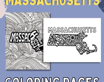 Massachusetts Coloring Pages: State Name & Floral Mandala (2 PDF Pages)