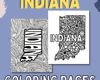 Indiana Coloring Pages: State Name & Floral Mandala (2 PDF Pages)