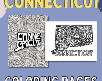 Connecticut Coloring Pages, State Name & Floral Mandala (2 PDF Pages)