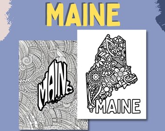 MAINE Coloring Pages (State Name & Floral Mandala Coloring Sheet) 2 PDF Pages