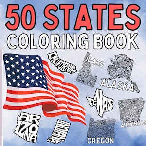 50 STATES Coloring Book | United States Geography Coloring Book | 100 Coloring Pages | 2-Pages for Each State