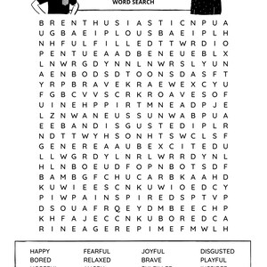 May include: A black and white word search puzzle with the word "EMOTIONS" at the top. The puzzle contains words related to emotions, such as happy, sad, angry, and excited.