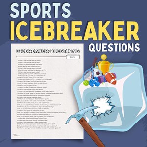 Könnte beinhalten: Ein Poster mit den Worten "SPORTS ICEBREAKER QUESTIONS". Es zeigt eine Liste von Eisbrecher-Fragen zum Thema Sport. Illustrationen von Sportgeräten, wie Tennisschläger, Fußball und Fußball, sind ebenfalls enthalten.