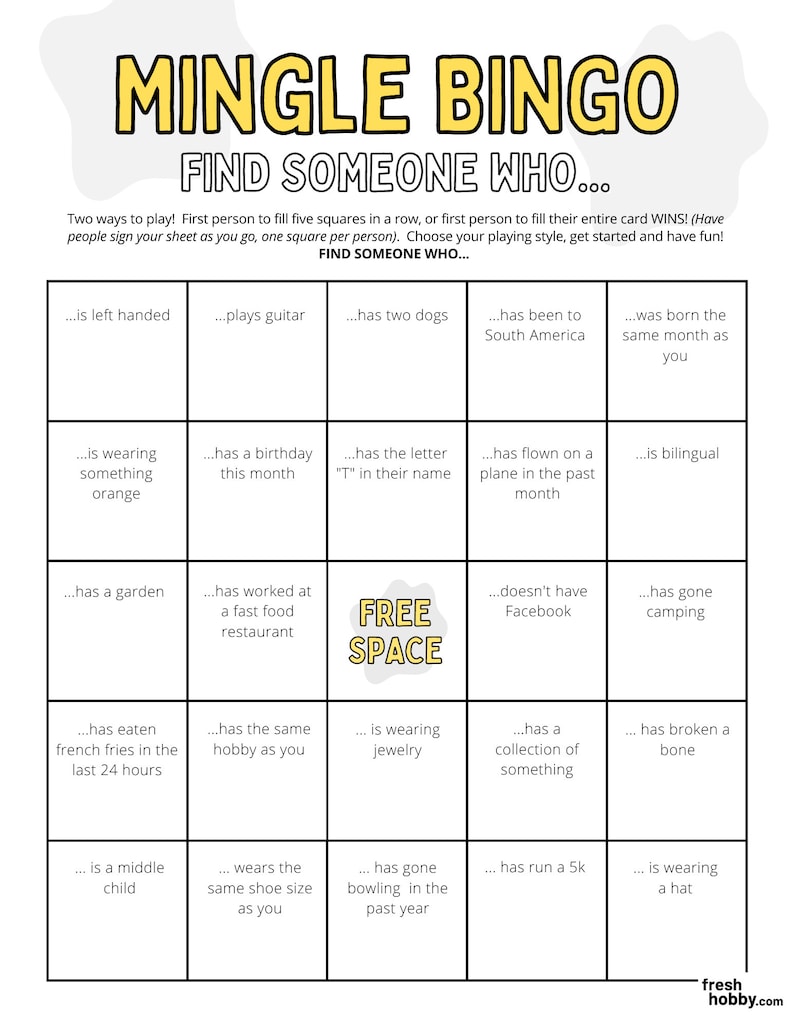 Puede incluir: Una tarjeta de juego Mingle Bingo con un dise&ntilde;o amarillo y blanco. La tarjeta presenta una cuadr&iacute;cula con varios avisos como "toca la guitarra" y "tiene dos perros". El t&iacute;tulo "Mingle Bingo" est&aacute; en la parte superior.