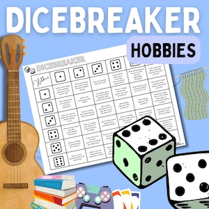 May include: A light blue background with the words "DICEBREAKER HOBBIES" in white. A game sheet with dice and hobby-related questions is in the center. A guitar, books, a game controller, and dice are also visible.