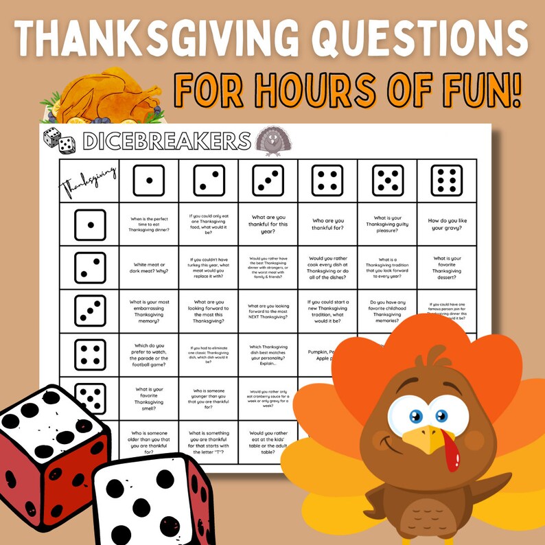 Dicebreaker THANKSGIVING Thanksgiving Icebreaker Questions & Conversation Game Thanksgiving Conversation-Starter Game Thanksgiving Game image 2