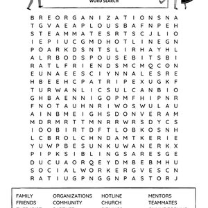 May include: A black and white word search puzzle with the words "SUPPORT SYSTEM" at the top. The puzzle includes words related to support systems, such as family, friends, therapist, neighbor, spouse, organizations, community, partner, club, social worker, hotline, church, siblings, support group, sponsor, mentors, teammates, online forums, coworker, and pastor.