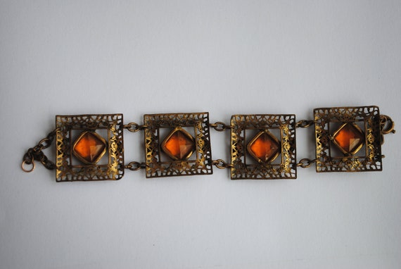 Vintage Neiger Bracelet, Czech Glass Topaz Color,… - image 7