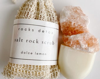 Dolce Lemon Salt Rock Body Scrub - All natural exfoliating scrub. Vegan soap with pink Himalayan Salt rocks