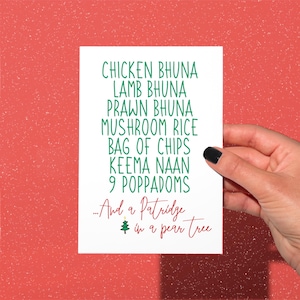 Gaviin en Stacey grappige kerstkaart, toespraak smidse, lam Bhuna garnaal Bhuna, grappige kerstkaart, 12 dagen kerst