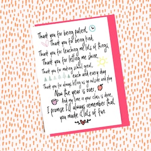 End of year, thank you card for teacher. Cute thank you/goodbye teacher card with poem