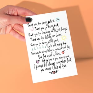 End of year, thank you card for teacher. Cute thank you/goodbye teacher card with poem