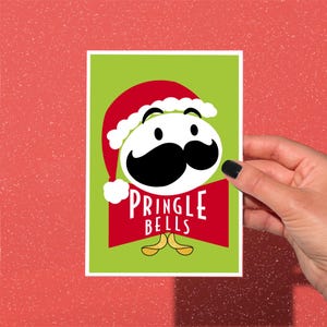 Carte de Noël Pringle Bells, gourmande rigolote, carte du Père Noël, carte de Noël rigolote