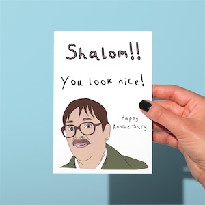 Jim Fri Night Dinner-verjaardagskaart, "Shalom, You ziet er goed uit" Jim Fri Night-diner, grappige jubileumkaart