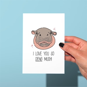 Biglietto di anniversario/San Valentino di Moo Deng, ti amo così tanto Deng, divertente biglietto d'amore, divertente cucciolo di ippopotamo ispirato a un meme di TikTok