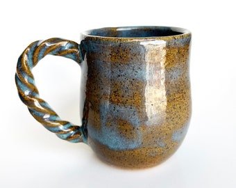 Speckled Pottery Mug, Turquoise and Tan Speckled Mug, Handmade Pottery Mug, Unique Pottery Gifts, Twisted Handle Mug, Speckled Pottery Mug