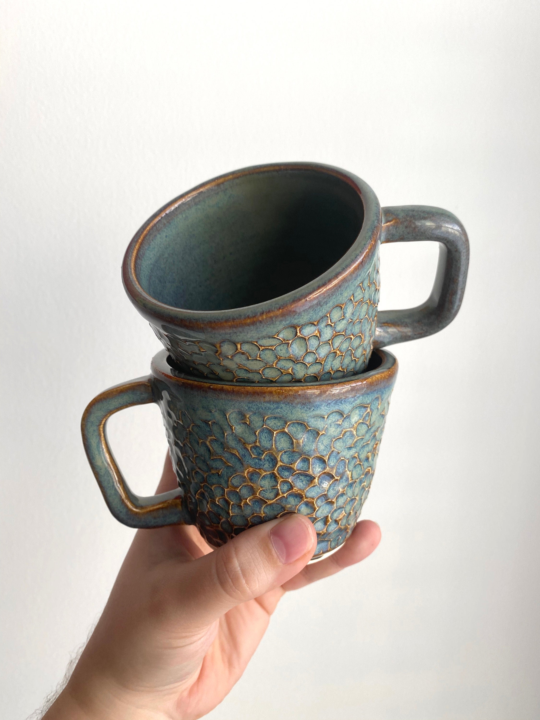 Set of Two Carved Pottery Mugs Handmade Ceramic Mugs Etsy