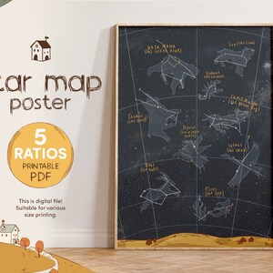 Póster Mapa Estelar, Mapa de Constelação Estelar, Ilustração do Céu, Crianças