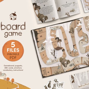 Jogo de tabuleiro educativo para crianças sobre emoções e sentimentos, com flashcards do alfabeto e vocabulário de emoções, jogo de tabuleiro familiar para impressão