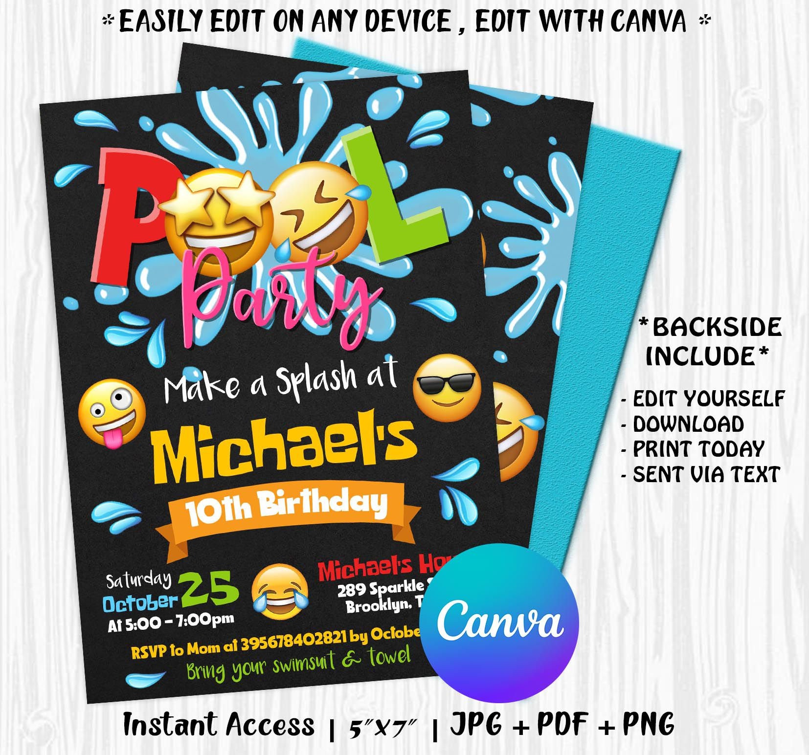 Editable Emoji Pool Party Invitation, Pool Birthday Party Invitation ...