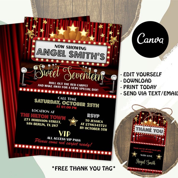 EDITABLE Red Carpet Birthday Invitation, Hollywood Movie Party Invite Glam Birthday Digital Invite vip Movie Star Party, INSTANT DOWNLOAD