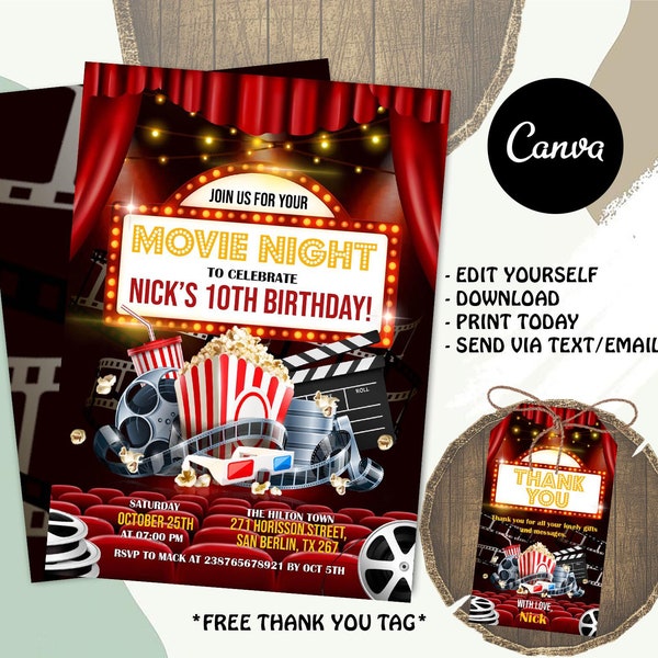 Movie Night Birthday Invitation, Movie Party, Movie Night Birthday Party Invitation, Edit NOW with Canva. INSTANT DOWNLOAD