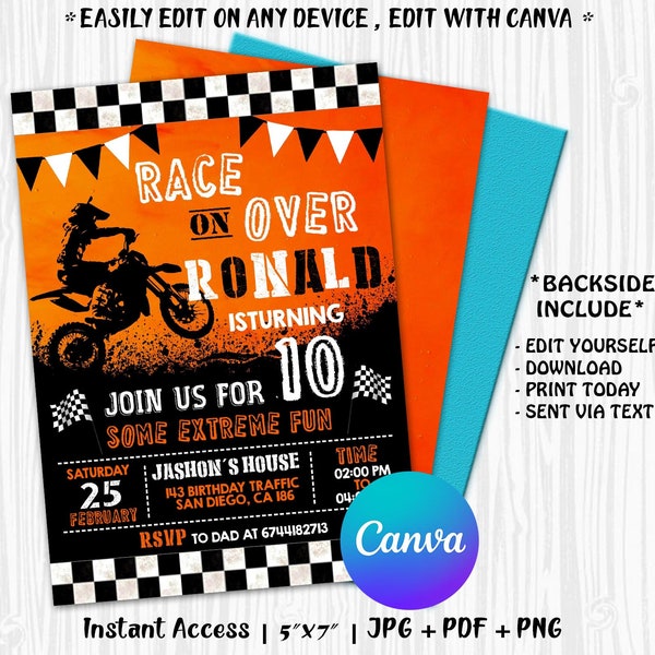 Editable Dirt Bike Invitation, Dirt Bike Party, Dirt Bike Birthday, Motocross Invitation, Dirt Bike Invite with CANVA