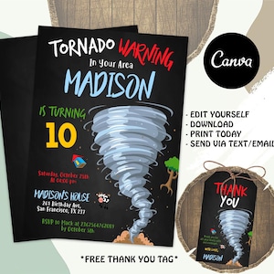 Bearbeitbare Tornado-Geburtstagsparty-Einladung, Geburtstagseinladungen, Tornado-Party, Tornado-Geburtstag, Tornado-Einladungen, mit CANVA