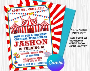Carnival Birthday Invitation, Circus Party, Circus invitation | Editable Instant Download | INSTANT ACCESS Edit Online NOW Canva