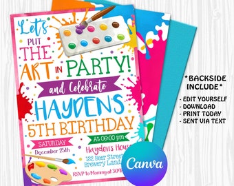 Art Party Invitation, Art Party Girl Birthday Invite, Art Birthday Party, Paint Party Invite, Instant Download