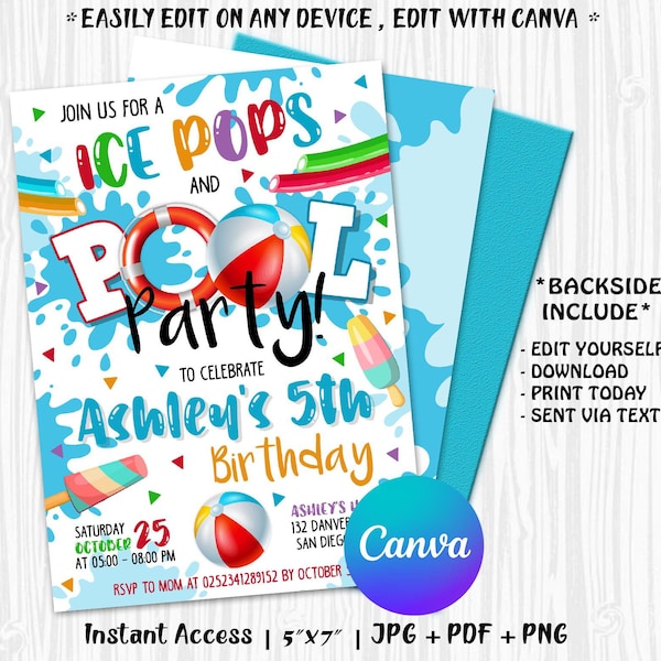 Editable Ice Pops and Pool Party Invitation, End of School Party, Printable Invite Back to School, Summer Kids Boys Pool Birthday with CANVA
