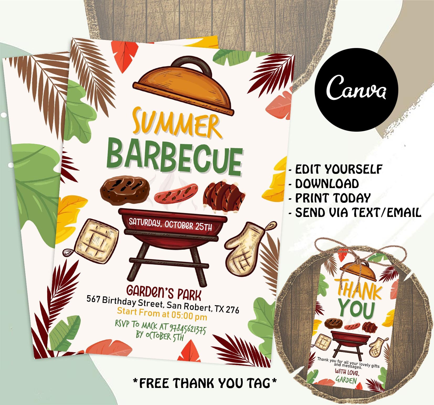 Editable Summer BBQ Party Flyer Editable Template, BBQ Cookout Invitation, with CANVA